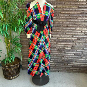 Eyeful Vintage 70s Plaid Dagger Point Lapels Maxi Dress Size Small